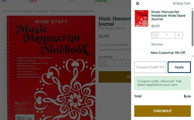 The Music Stand checkout page showing The Music Stand coupon code box | Screenshot taken by SimplyCodes community member on Aug 29, 2025
