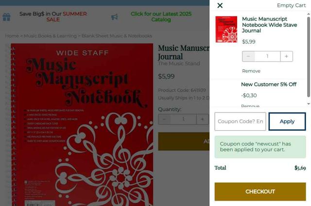 The Music Stand checkout page showing The Music Stand coupon code box | Screenshot taken by SimplyCodes community member on Aug 12, 2025