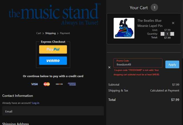 The Music Stand checkout page showing The Music Stand coupon code box | Screenshot taken by SimplyCodes community member on Jun 20, 2025