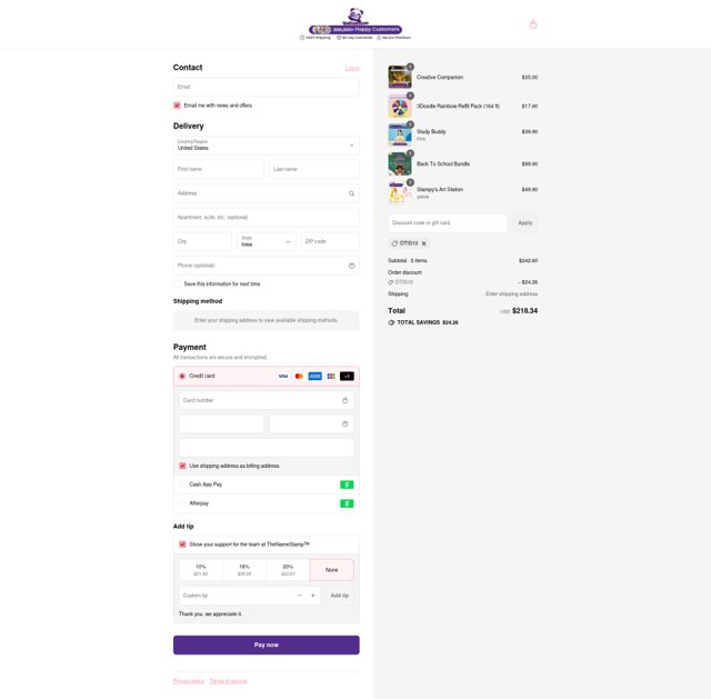 The Name Stamp checkout page showing The Name Stamp discount code box | Screenshot taken by SimplyCodes community member on Sep 6, 2025