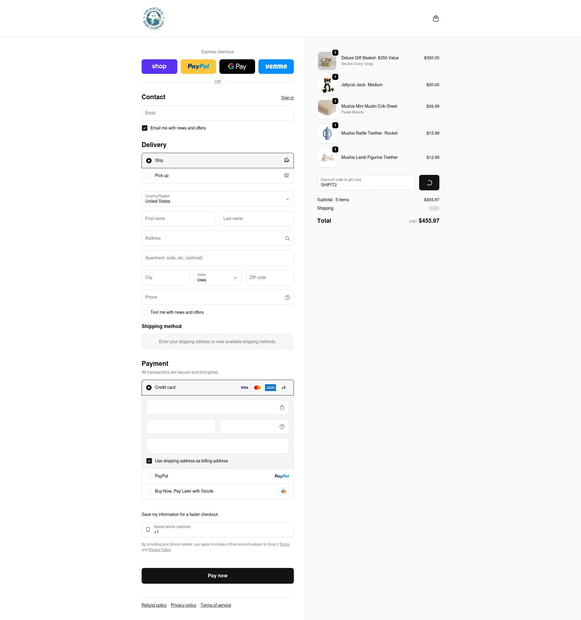 The Natural Baby Company checkout page showing The Natural Baby Company coupon code box | Screenshot taken by SimplyCodes community member on Feb 7, 2026