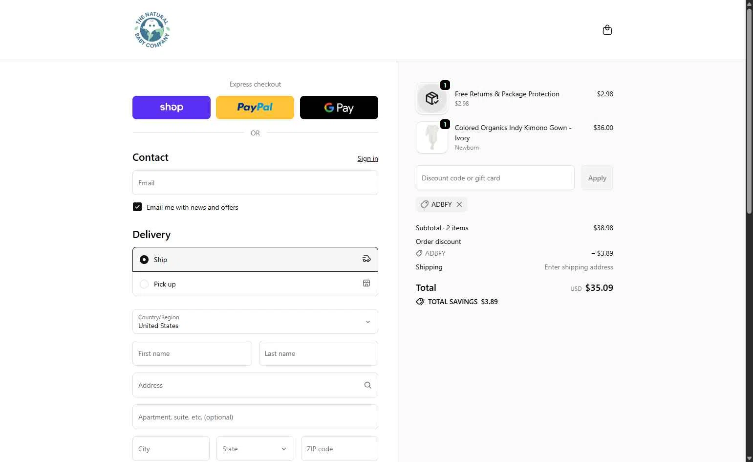 The Natural Baby Company checkout page showing The Natural Baby Company coupon code box | Screenshot taken by SimplyCodes community member on Feb 5, 2026