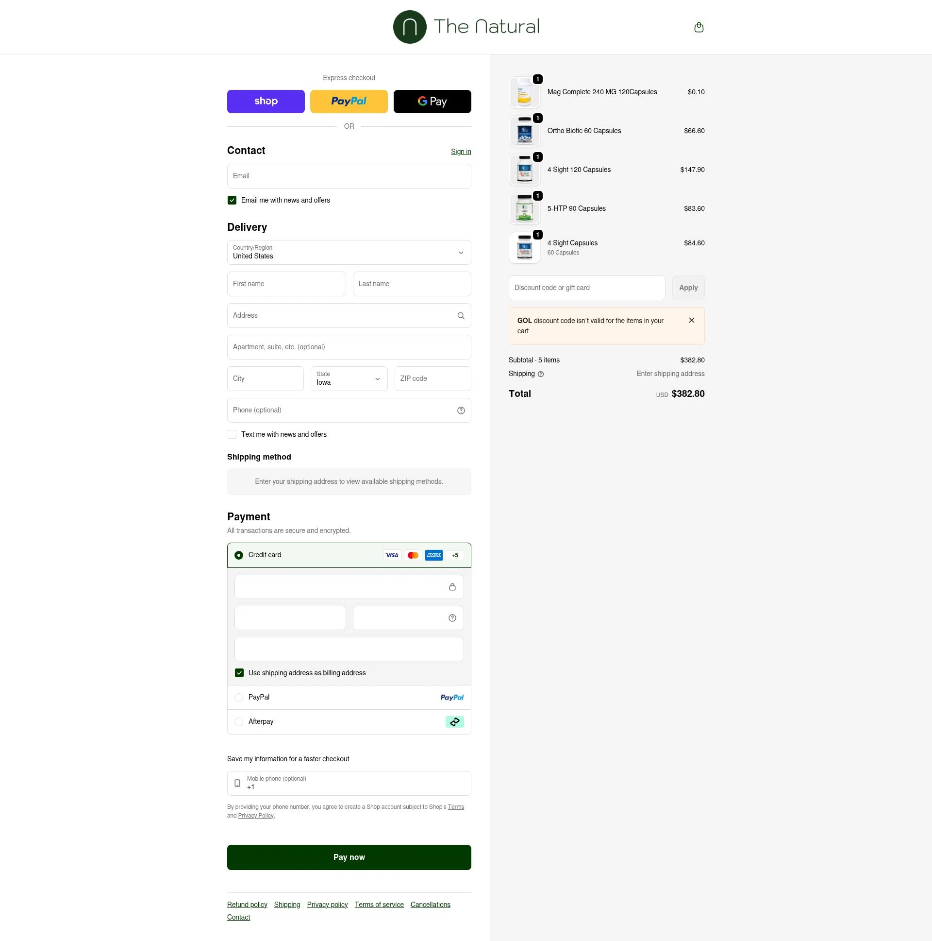 The Natural checkout page showing The Natural promo code box | Screenshot taken by SimplyCodes community member on Feb 9, 2026
