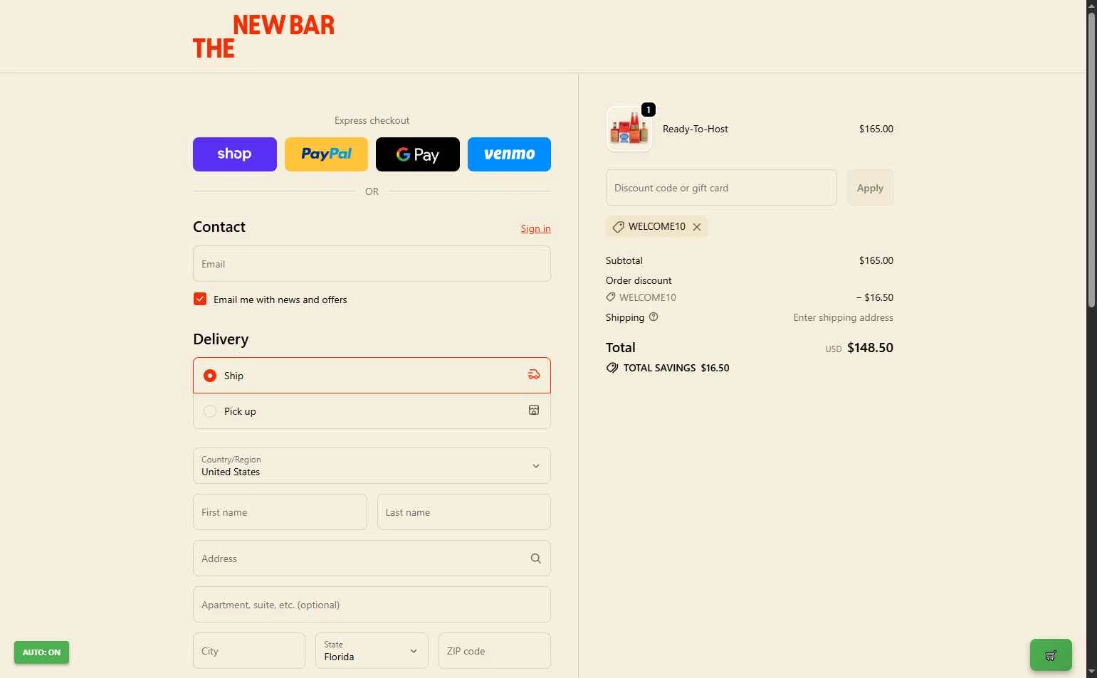 The New Bar checkout page showing The New Bar promo code box | Screenshot taken by SimplyCodes community member on Dec 24, 2025
