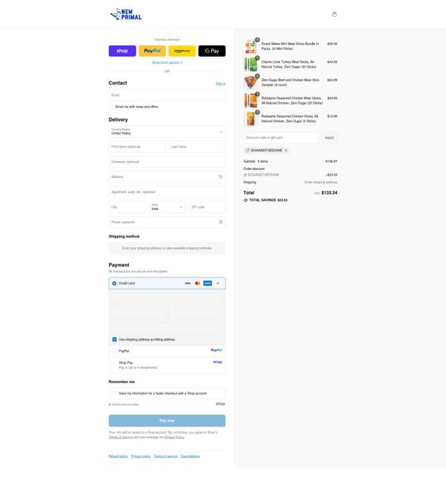 The New Primal checkout page showing The New Primal discount code box | Screenshot taken by SimplyCodes community member on Sep 11, 2025
