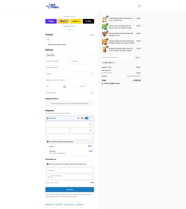 The New Primal checkout page showing The New Primal discount code box | Screenshot taken by SimplyCodes community member on Sep 11, 2025
