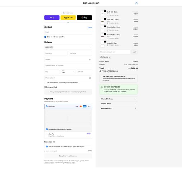The Noli Shop checkout page showing The Noli Shop discount code box | Screenshot taken by SimplyCodes community member on Oct 5, 2025