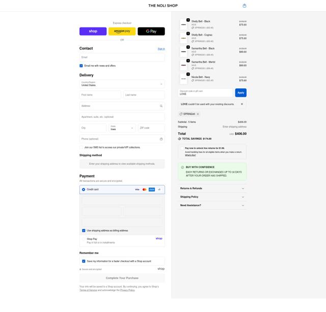 The Noli Shop checkout page showing The Noli Shop discount code box | Screenshot taken by SimplyCodes community member on Oct 5, 2025