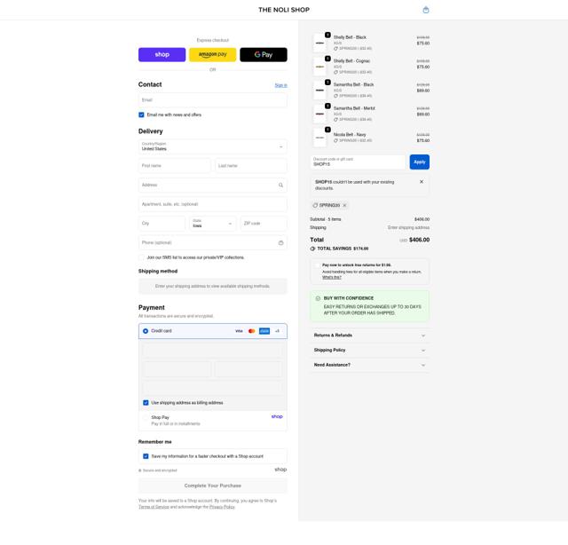 The Noli Shop checkout page showing The Noli Shop discount code box | Screenshot taken by SimplyCodes community member on Oct 5, 2025
