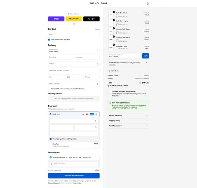 The Noli Shop checkout page showing The Noli Shop discount code box | Screenshot taken by SimplyCodes community member on Oct 5, 2025