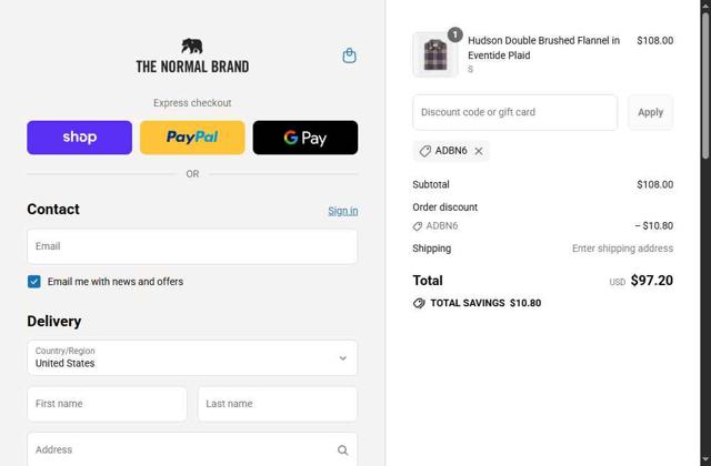 The Normal Brand checkout page showing The Normal Brand discount code box | Screenshot taken by SimplyCodes community member on Sep 14, 2025
