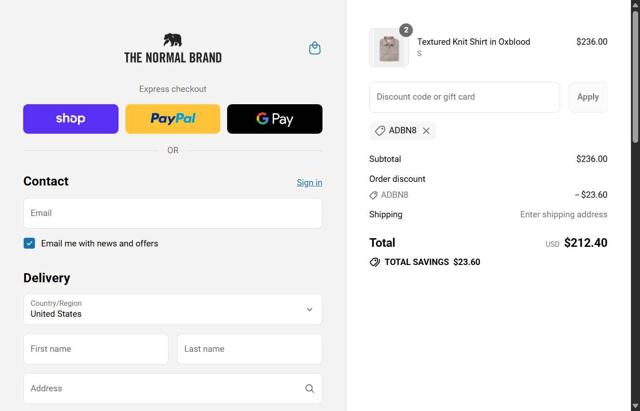 The Normal Brand checkout page showing The Normal Brand discount code box | Screenshot taken by SimplyCodes community member on Sep 14, 2025