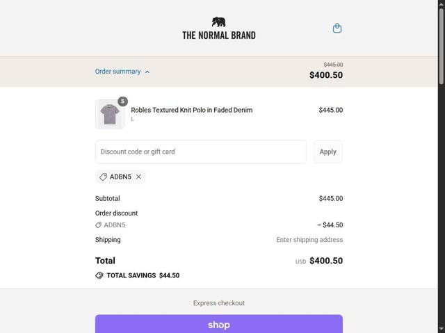 The Normal Brand checkout page showing The Normal Brand discount code box | Screenshot taken by SimplyCodes community member on Sep 14, 2025