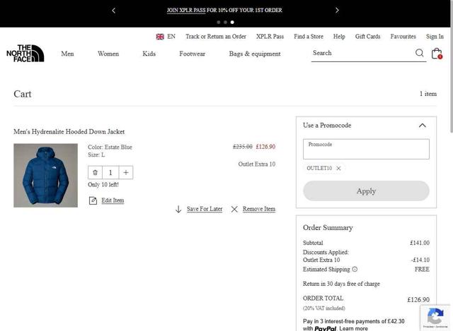 The North Face checkout page showing The North Face promo code box | Screenshot taken by SimplyCodes community member on Sep 17, 2025