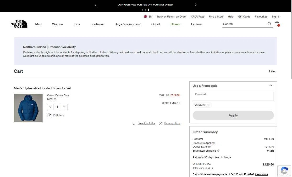 The North Face checkout page showing The North Face promo code box | Screenshot taken by SimplyCodes community member on Sep 18, 2025