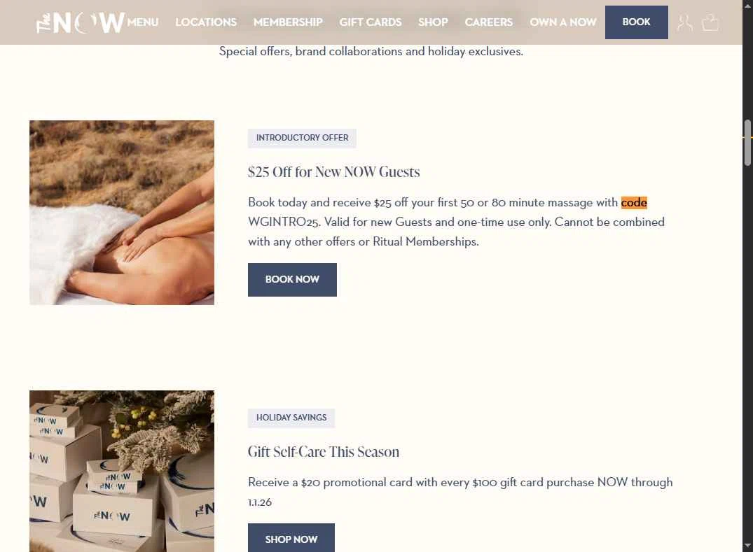 The Now Massage checkout page showing The Now Massage promo code box | Screenshot taken by SimplyCodes community member on Dec 30, 2025