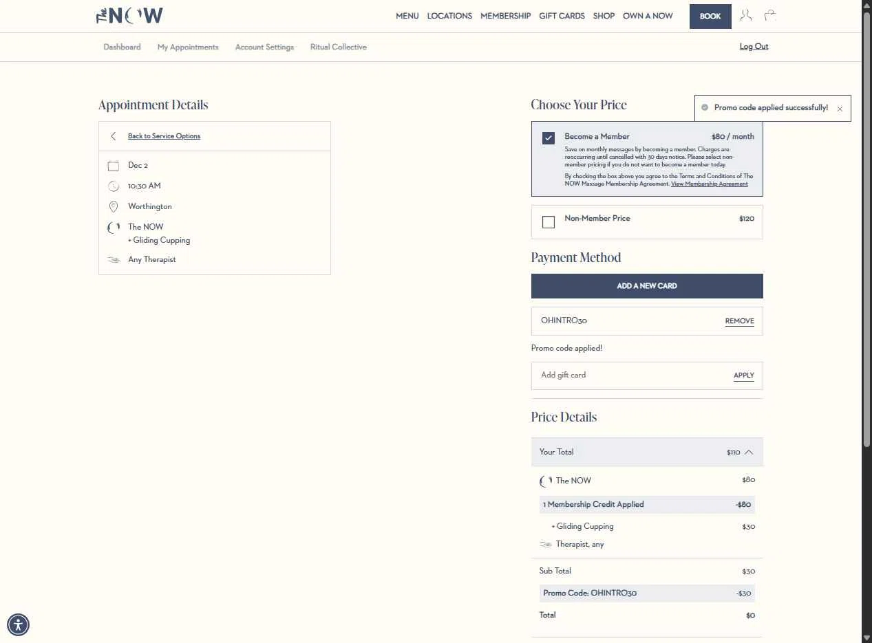 The Now Massage checkout page showing The Now Massage promo code box | Screenshot taken by SimplyCodes community member on Dec 2, 2025