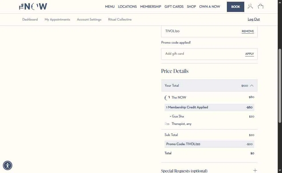The Now Massage checkout page showing The Now Massage promo code box | Screenshot taken by SimplyCodes community member on Dec 3, 2025