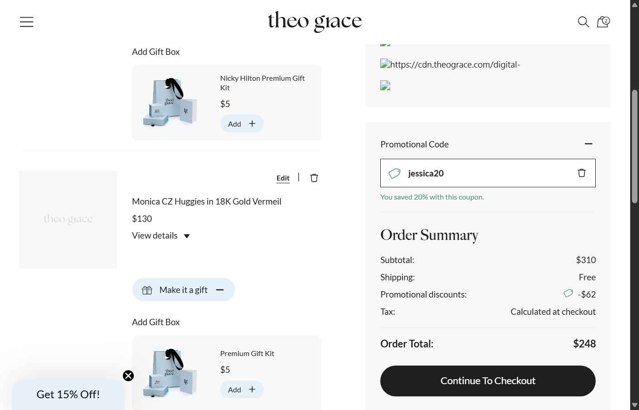 Theo Grace checkout page showing Theo Grace promo code box | Screenshot taken by SimplyCodes community member on Aug 25, 2025