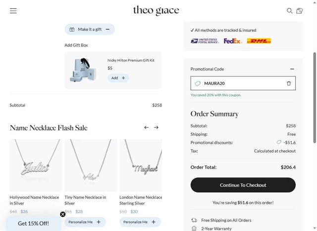 Theo Grace checkout page showing Theo Grace promo code box | Screenshot taken by SimplyCodes community member on Aug 20, 2025