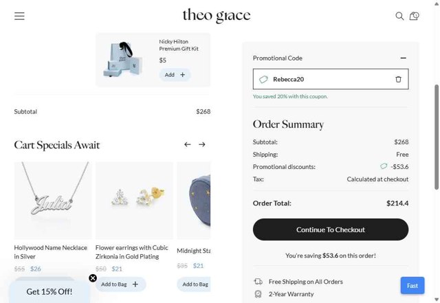 Theo Grace checkout page showing Theo Grace promo code box | Screenshot taken by SimplyCodes community member on Sep 2, 2025