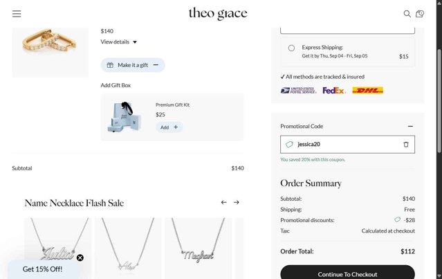 Theo Grace checkout page showing Theo Grace promo code box | Screenshot taken by SimplyCodes community member on Aug 29, 2025