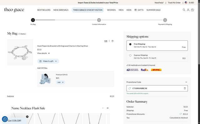Theo Grace checkout page showing Theo Grace promo code box | Screenshot taken by SimplyCodes community member on Aug 28, 2025