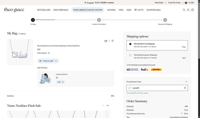 Theo Grace checkout page showing Theo Grace promo code box | Screenshot taken by SimplyCodes community member on Aug 21, 2025
