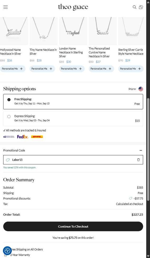 Theo Grace checkout page showing Theo Grace promo code box | Screenshot taken by SimplyCodes community member on Aug 27, 2025