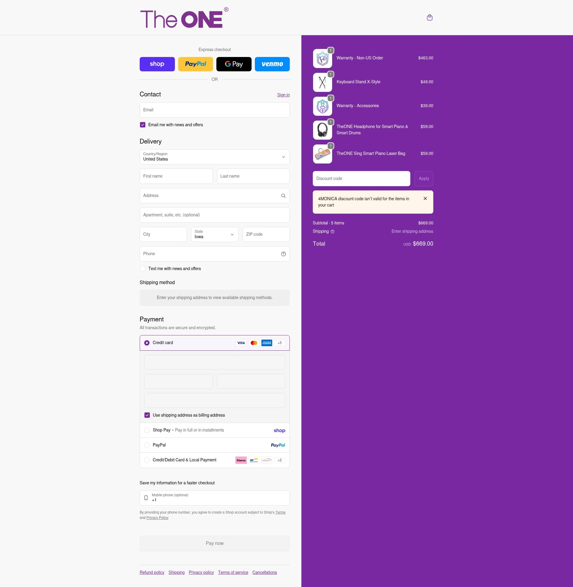 The ONE Music checkout page showing The ONE Music promo code box | Screenshot taken by SimplyCodes community member on Jan 31, 2026