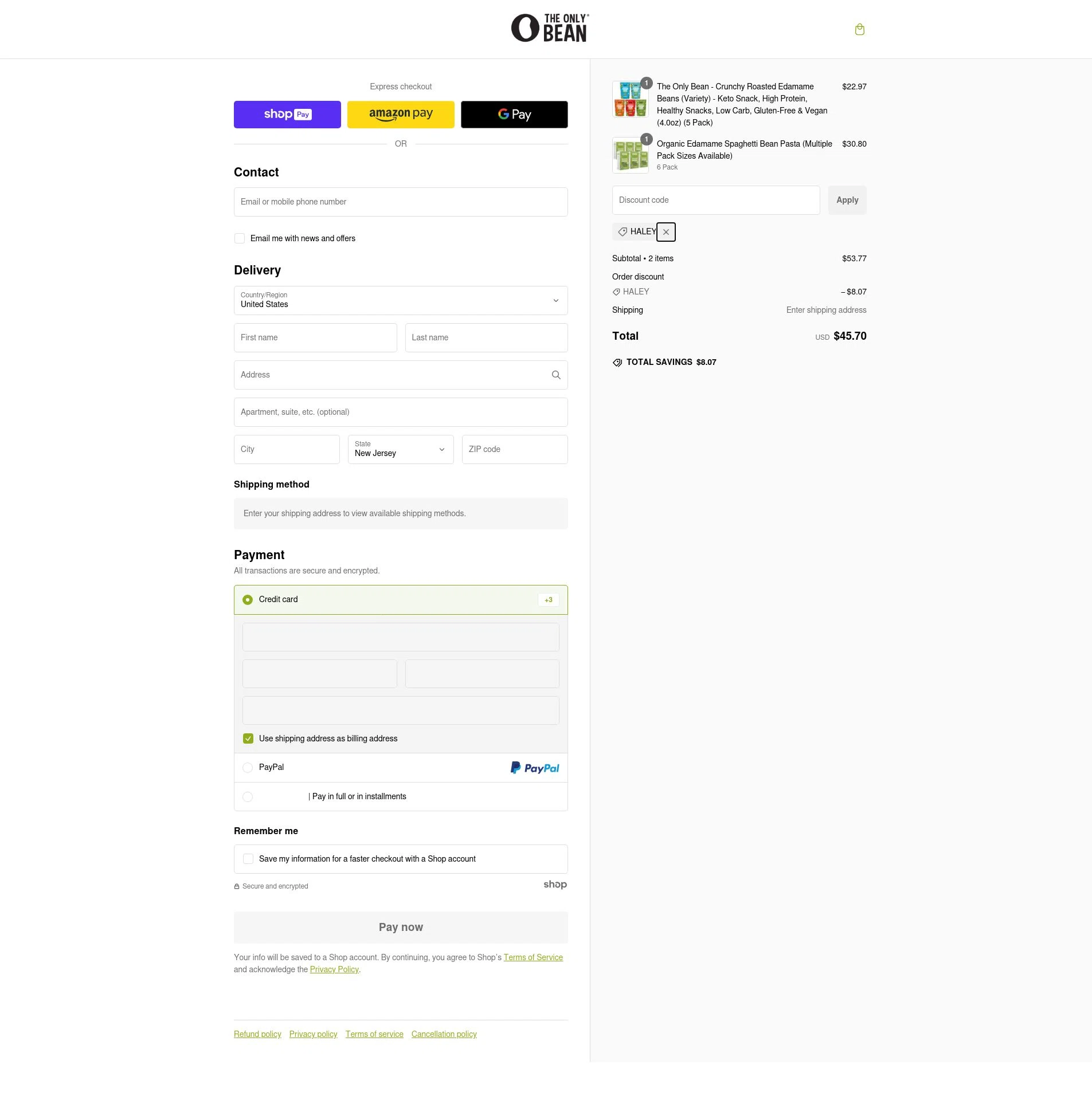The Only Bean checkout page showing The Only Bean discount code box | Screenshot taken by SimplyCodes community member on Jan 13, 2025
