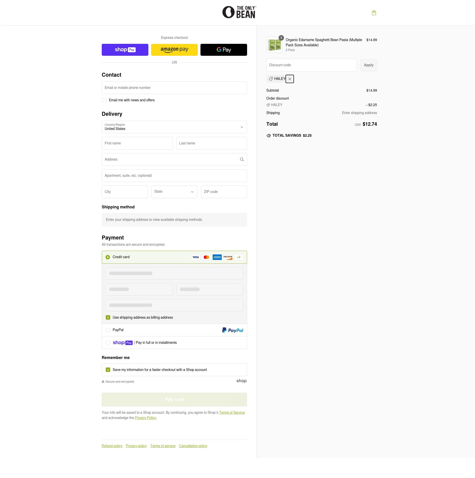 The Only Bean checkout page showing The Only Bean discount code box | Screenshot taken by SimplyCodes community member on Feb 17, 2025