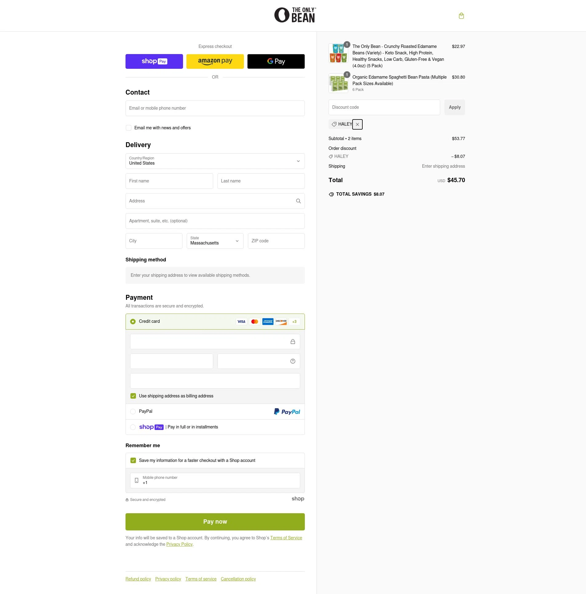 The Only Bean checkout page showing The Only Bean discount code box | Screenshot taken by SimplyCodes community member on Jan 26, 2025