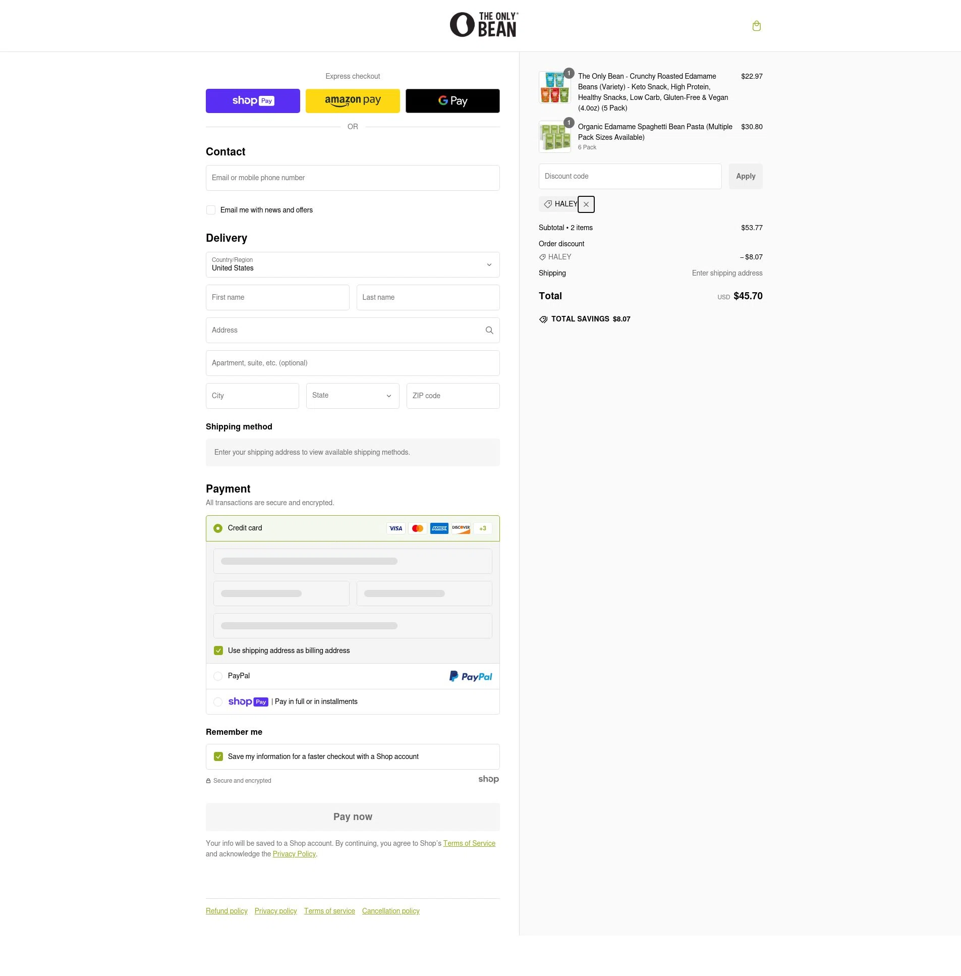 The Only Bean checkout page showing The Only Bean discount code box | Screenshot taken by SimplyCodes community member on Jan 19, 2025