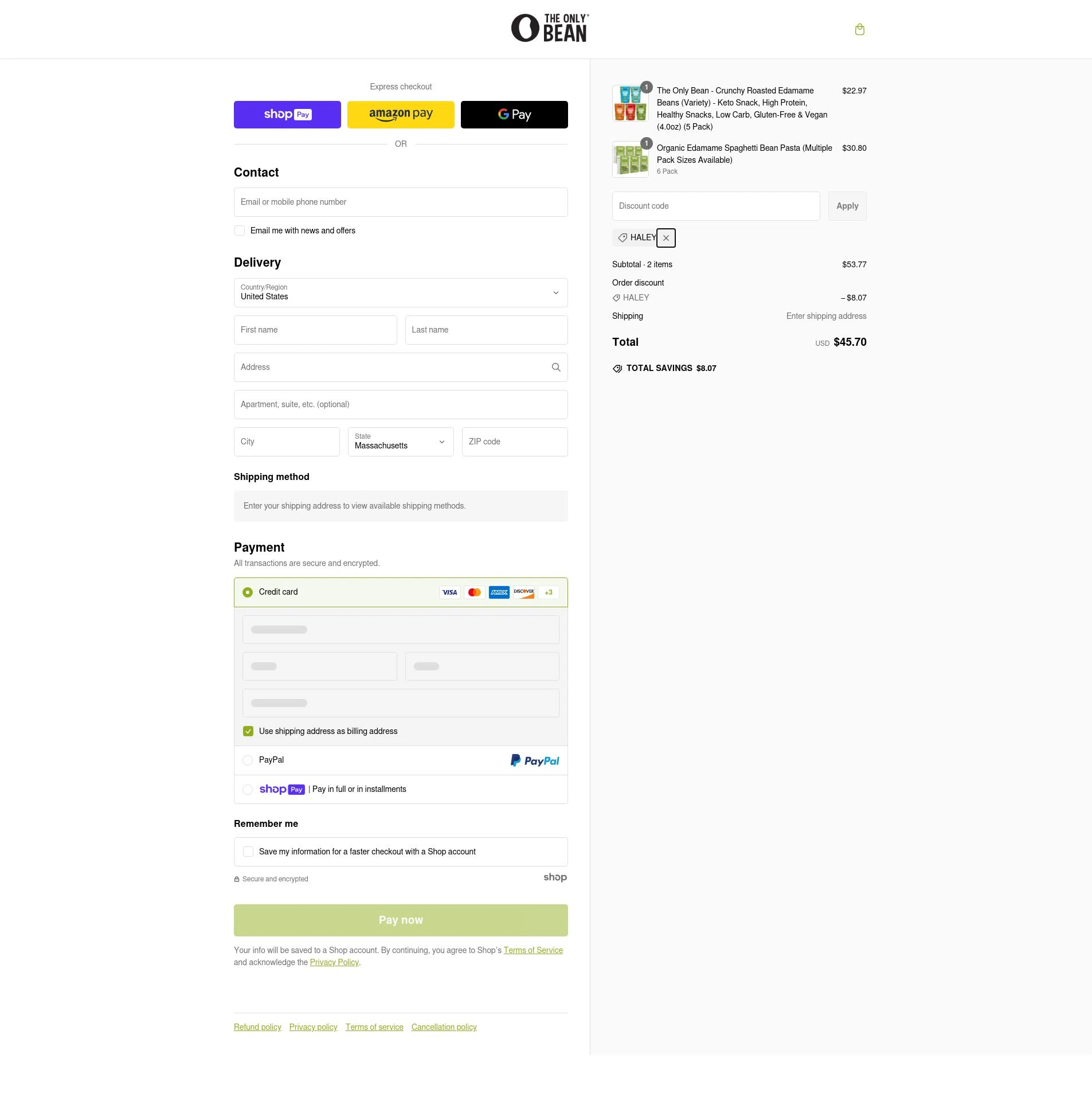 The Only Bean checkout page showing The Only Bean discount code box | Screenshot taken by SimplyCodes community member on Feb 8, 2025