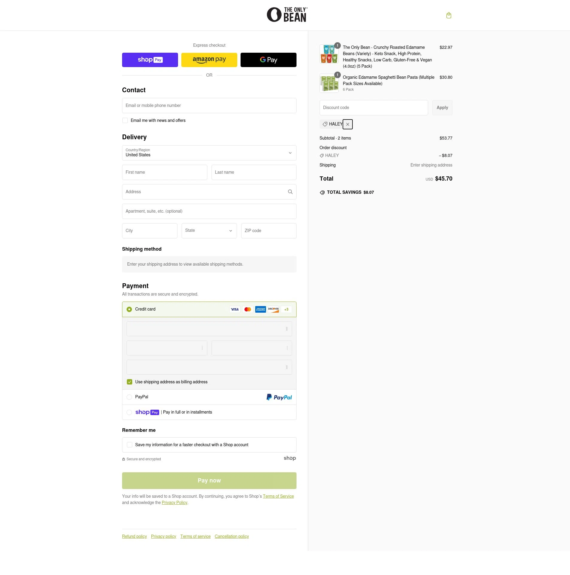 The Only Bean checkout page showing The Only Bean discount code box | Screenshot taken by SimplyCodes community member on Feb 12, 2025