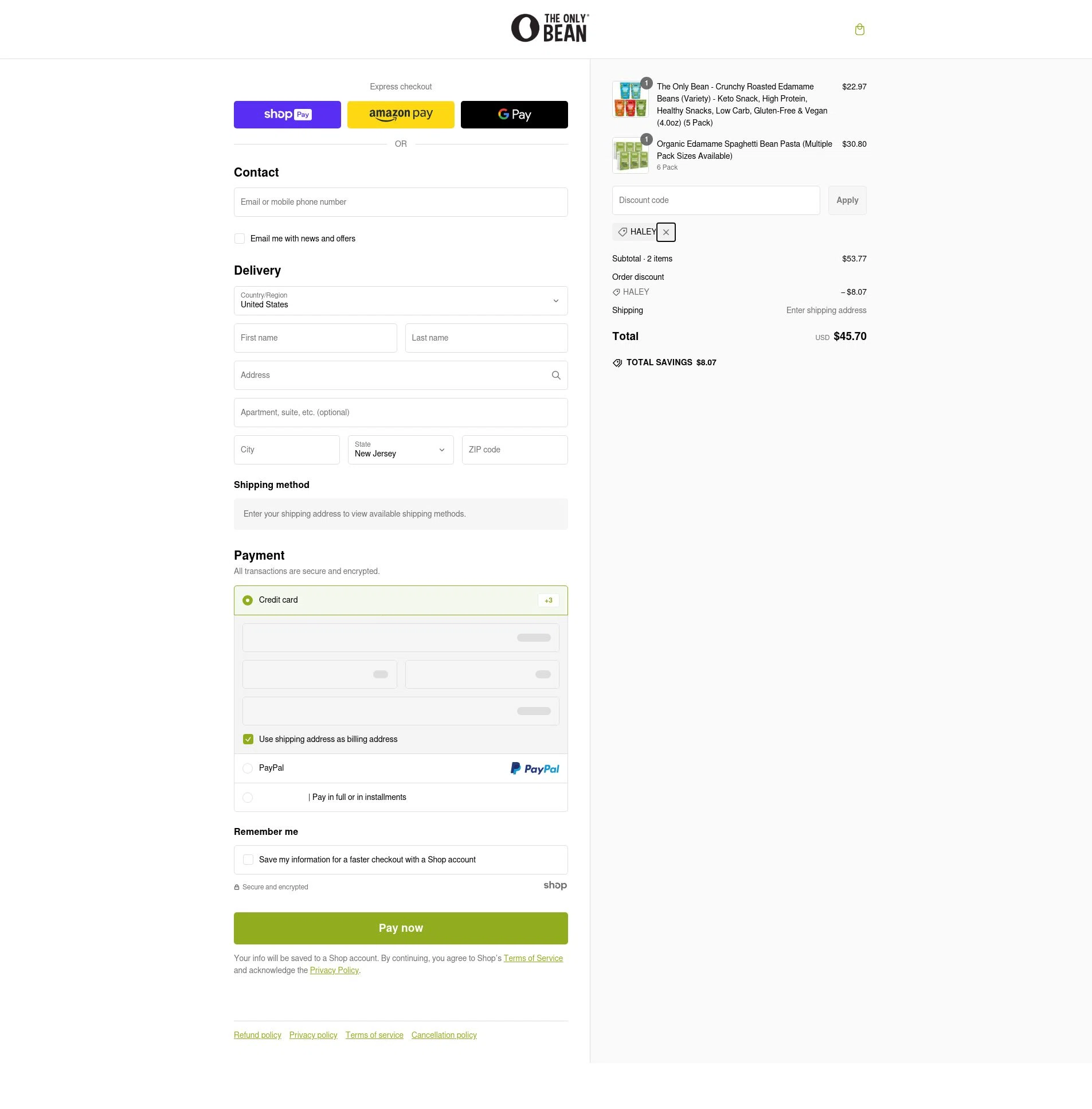 The Only Bean checkout page showing The Only Bean discount code box | Screenshot taken by SimplyCodes community member on Jan 31, 2025