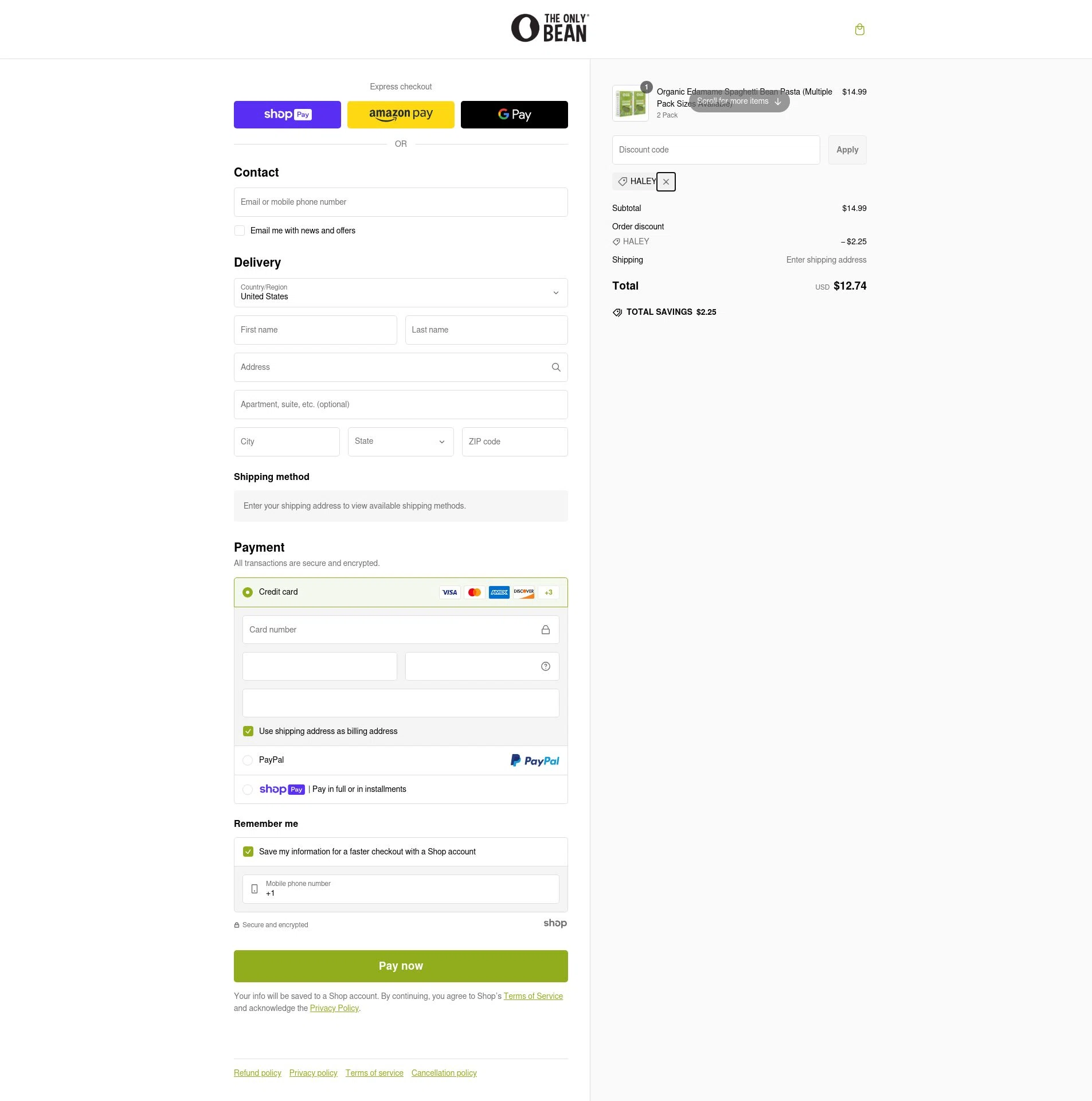 The Only Bean checkout page showing The Only Bean discount code box | Screenshot taken by SimplyCodes community member on Feb 16, 2025