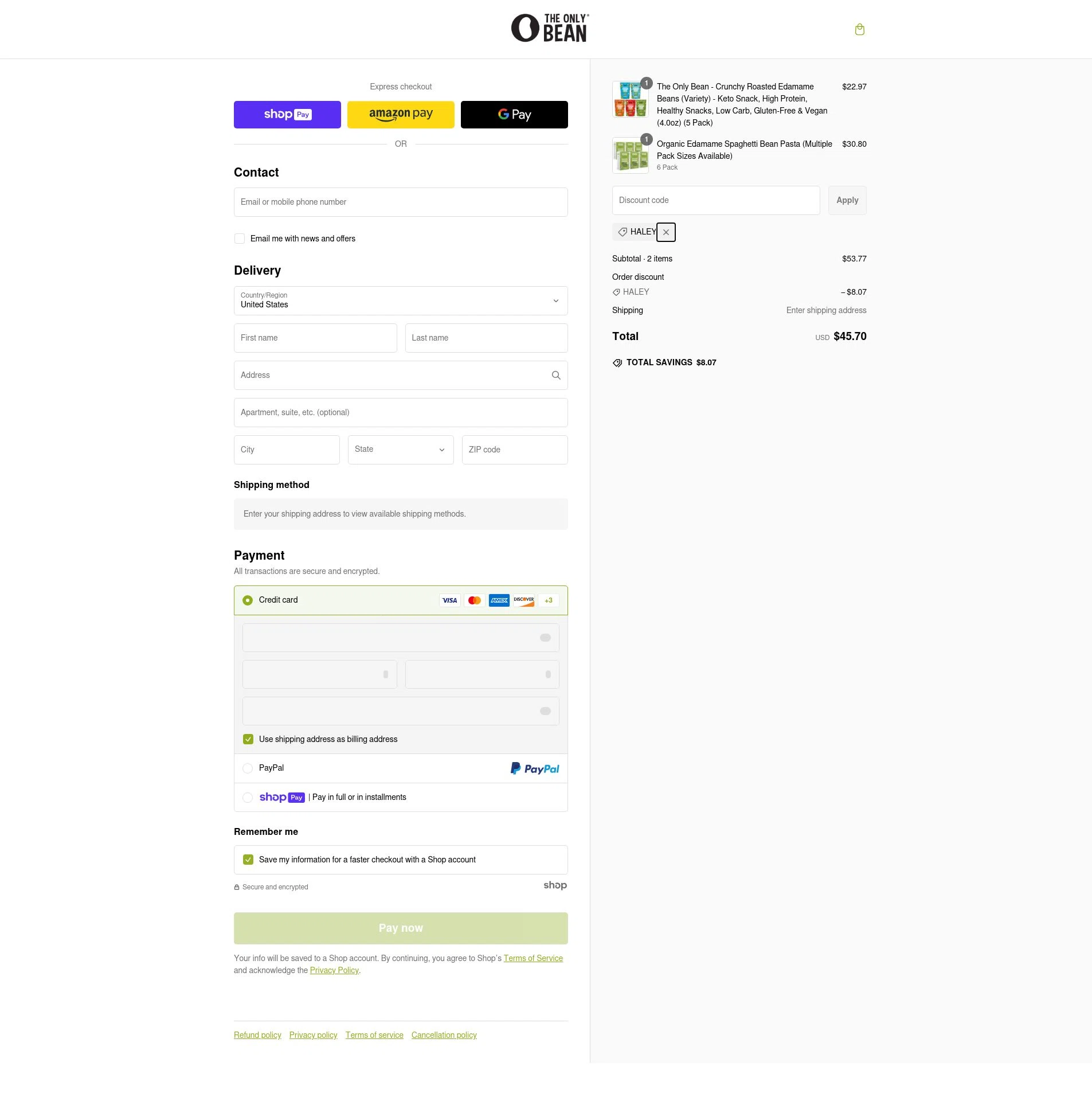 The Only Bean checkout page showing The Only Bean discount code box | Screenshot taken by SimplyCodes community member on Feb 4, 2025