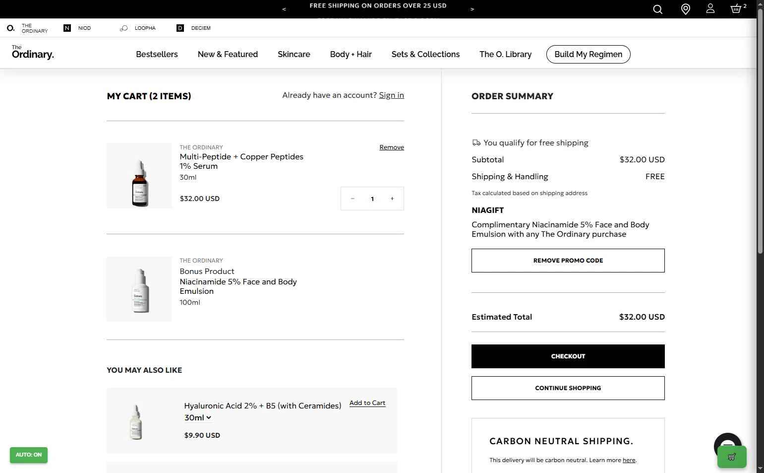 The Ordinary checkout page showing The Ordinary promo code box | Screenshot taken by SimplyCodes community member on Sep 28, 2025