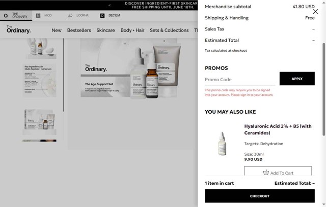 The Ordinary checkout page showing The Ordinary promo code box | Screenshot taken by SimplyCodes community member on Jun 9, 2025