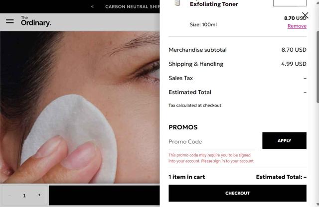 The Ordinary checkout page showing The Ordinary promo code box | Screenshot taken by SimplyCodes community member on Aug 19, 2025