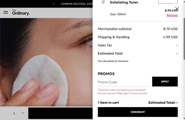 The Ordinary checkout page showing The Ordinary promo code box | Screenshot taken by SimplyCodes community member on Aug 19, 2025