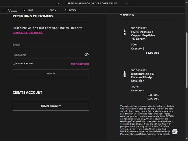 The Ordinary checkout page showing The Ordinary promo code box | Screenshot taken by SimplyCodes community member on Sep 17, 2025