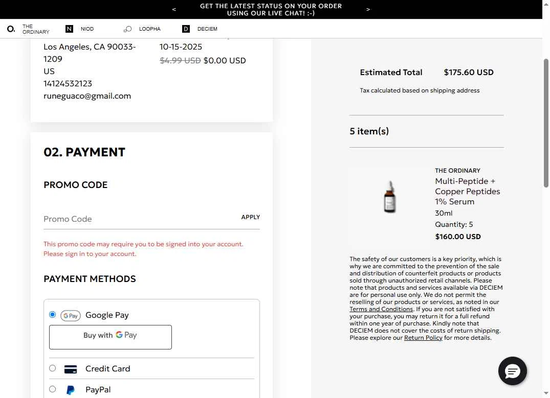 The Ordinary checkout page showing The Ordinary promo code box | Screenshot taken by SimplyCodes community member on Oct 7, 2025