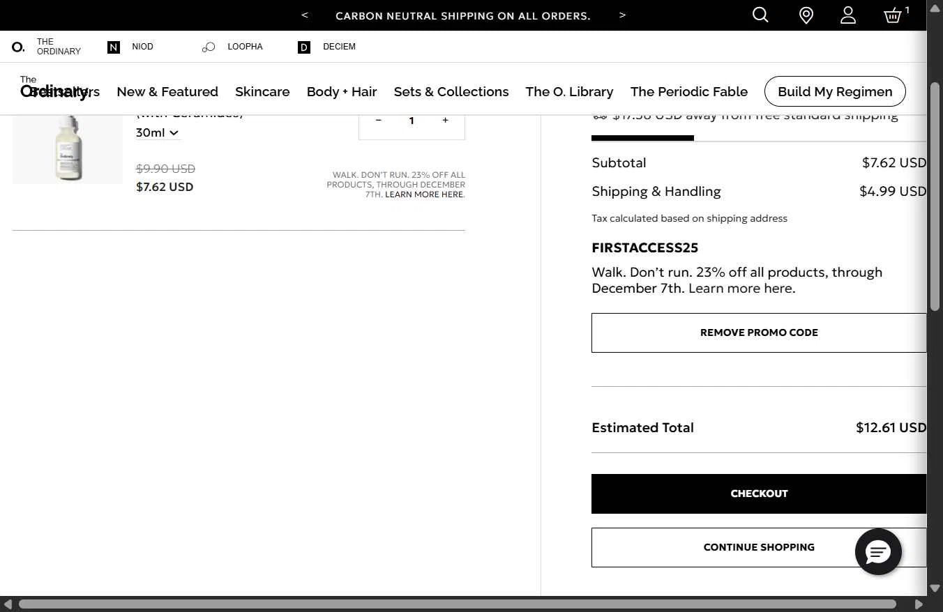 The Ordinary checkout page showing The Ordinary promo code box | Screenshot taken by SimplyCodes community member on Oct 31, 2025