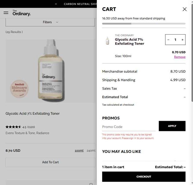 The Ordinary checkout page showing The Ordinary promo code box | Screenshot taken by SimplyCodes community member on Aug 22, 2025