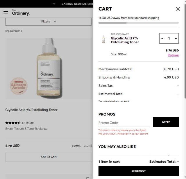 The Ordinary checkout page showing The Ordinary promo code box | Screenshot taken by SimplyCodes community member on Aug 22, 2025