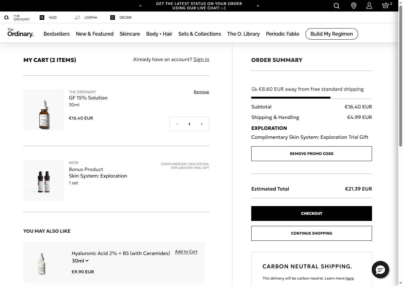 The Ordinary checkout page showing The Ordinary promo code box | Screenshot taken by SimplyCodes community member on Oct 13, 2025