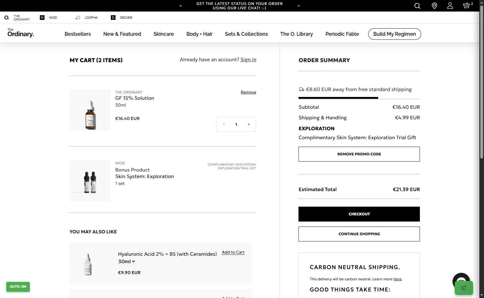 The Ordinary checkout page showing The Ordinary promo code box | Screenshot taken by SimplyCodes community member on Oct 13, 2025